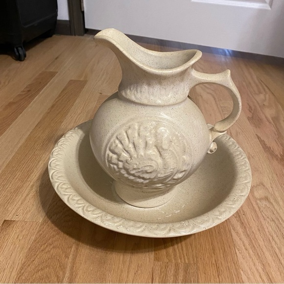 Vintage McCoy Pottery Turkey Pitcher & Bowl Thanksgiving Art Tan Centerpiece - Picture 2 of 8
